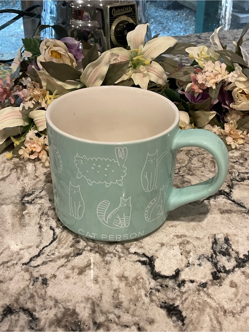 BP-PARKER LANE Cat Person Ceramic Mug in Mint with White Cat Illustrations